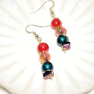 Green Glass Gold plated Hooks Hidden Meaning earrings Throwback Kid Unique 648■